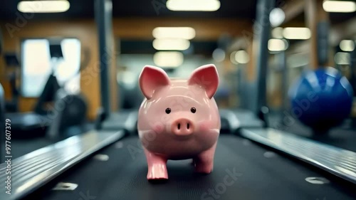 Piggy Bank Running on a Treadmill in a Fitness Studio Animation