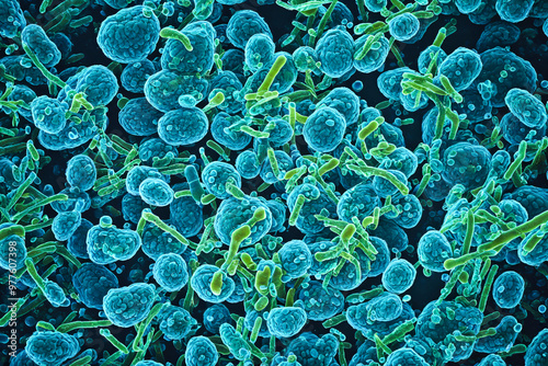 A macro image of a group of green and blue bacteria under a microscope.