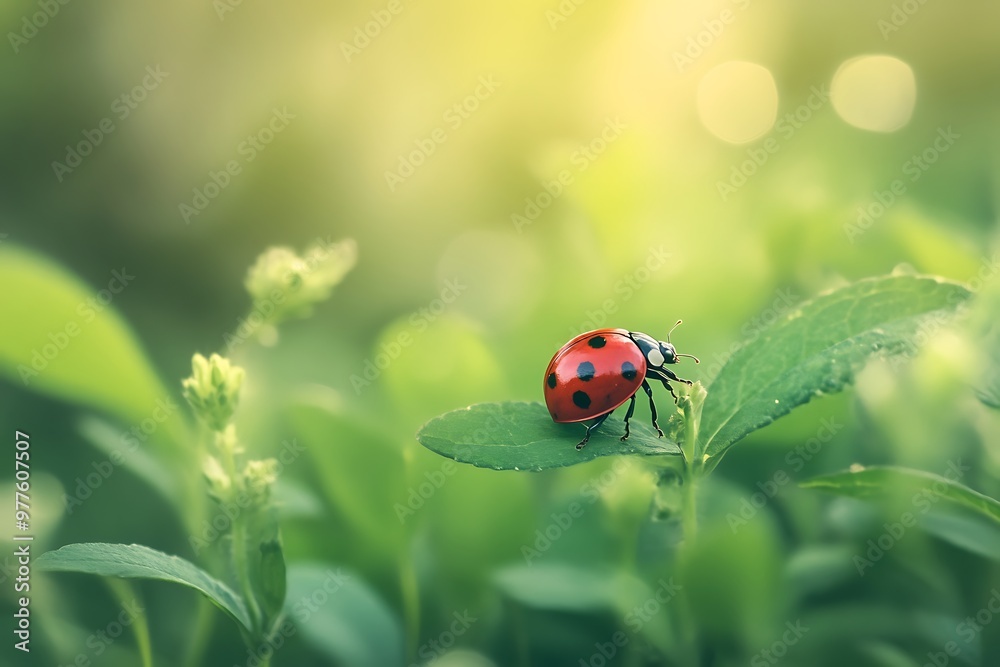 Ladybug on green leaf in summer sunlight, macro photo