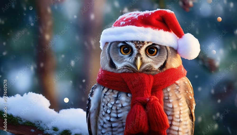 Owl wearing Santa hat in snow Owl wearing Santa hat in snow