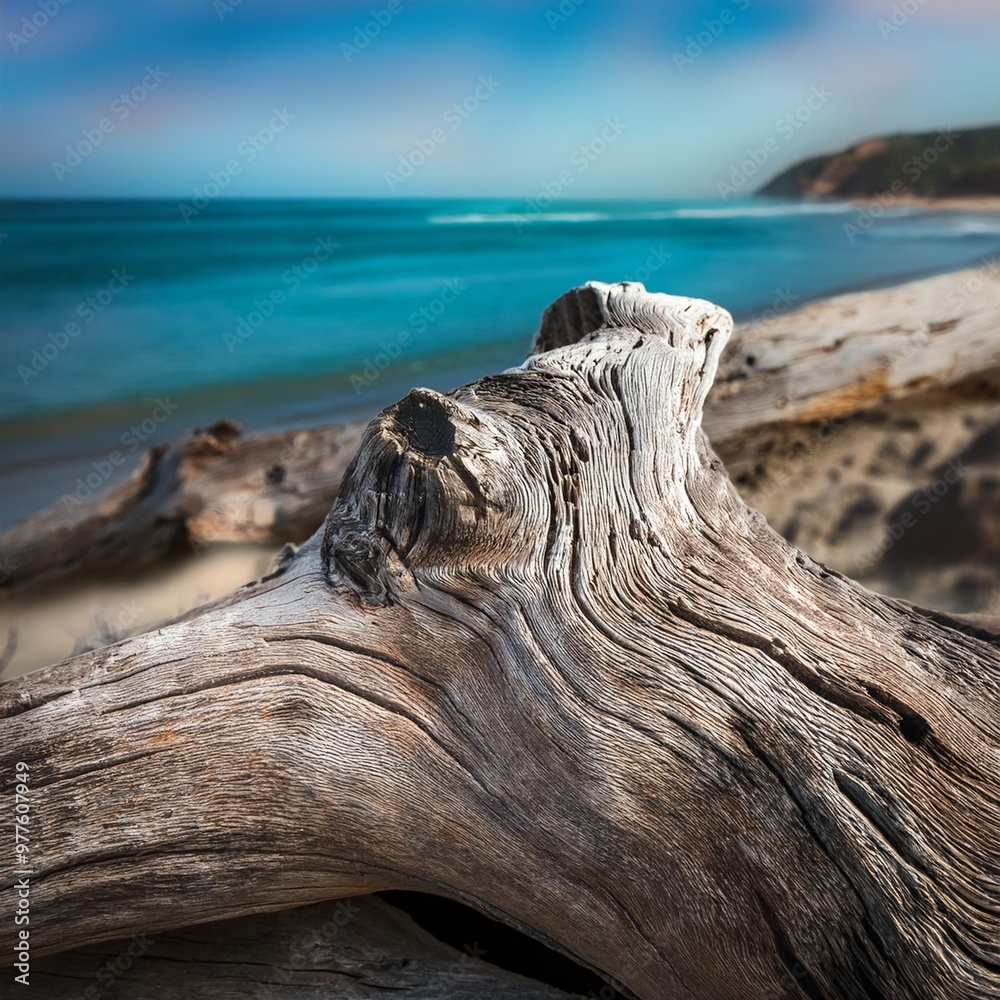 Weathered driftwood texture with depth of field on a coastal background