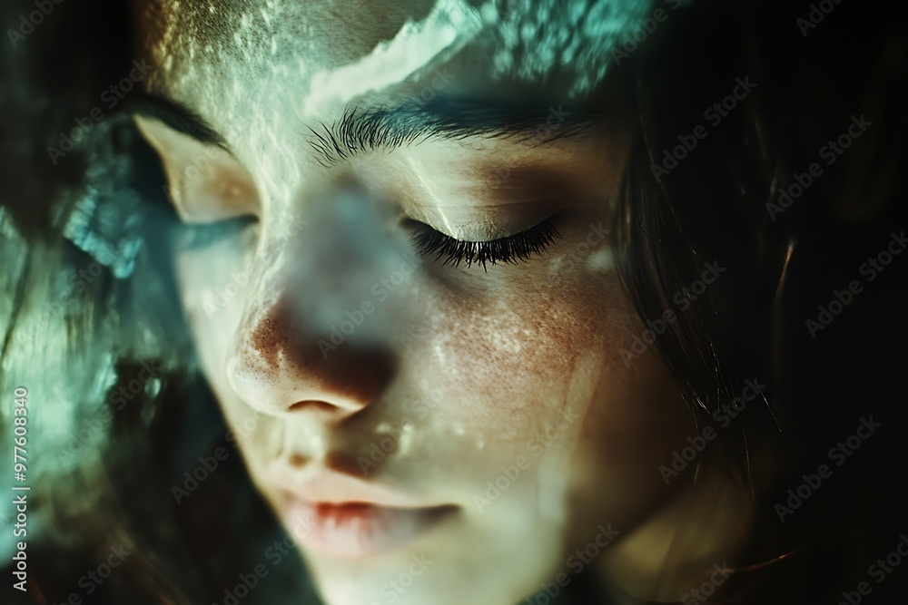 Close up portrait of a woman with closed eyes and blue liquid paint on her face, symbolizing calmness and inner peace Close up portrait of a woman with closed eyes and blue liquid paint on her face, symbolizing calmness and inner peace