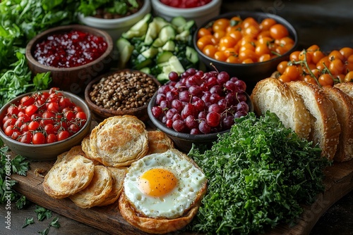 Brunch spread with a variet of dishes pastries. Village Breakfast with pastries, vegetables, greens, spreads, cheeses, fried eggs, jams.
 photo