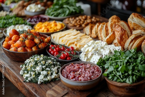 Brunch spread with a variet of dishes pastries. Village Breakfast with pastries, vegetables, greens, spreads, cheeses, fried eggs, jams.
 photo