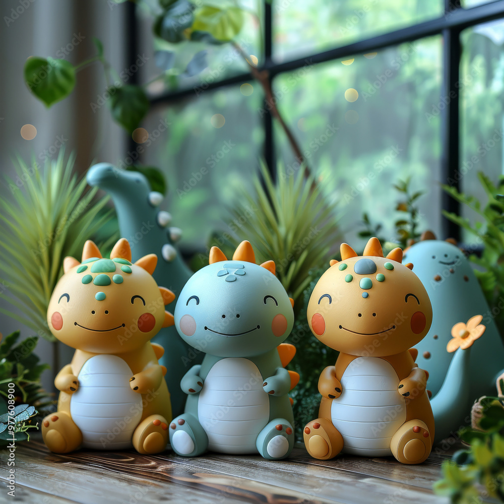 Cute animated pastel dinosaurs are displayed among lush greenery, creating cheerful and vibrant atmosphere. These charming figures bring sense of joy and playfulness to any space