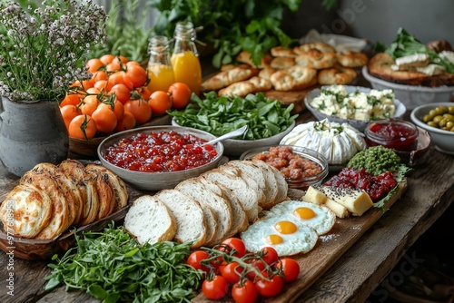 Brunch spread with a variet of dishes pastries. Village Breakfast with pastries, vegetables, greens, spreads, cheeses, fried eggs, jams.
 photo