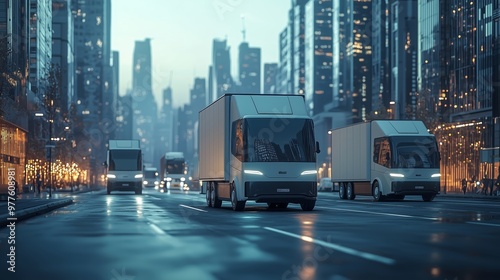 Electric delivery trucks cruise through a modern cityscape at night, representing sustainable urban transportation and clean energy solutions.