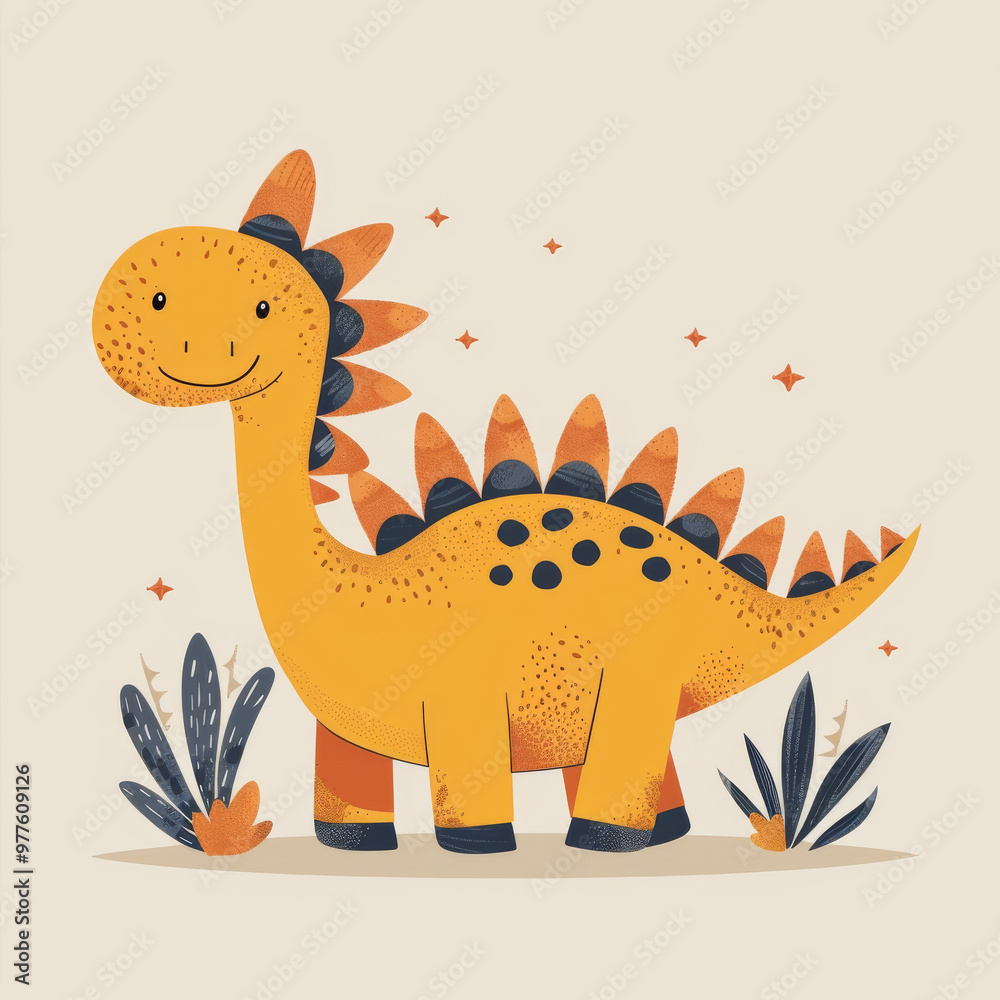 Naklejka premium Cute kids drawing of cheerful dinosaur, featuring friendly stegosaurus with vibrant colors and playful details, surrounded by plants and stars