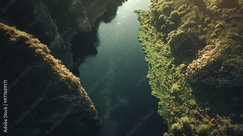 Aerial view of a serene river winding through lush greenery during early morning light in a tranquil natural landscape Aerial view of a serene river winding through lush greenery during early morning light in a tranquil natural landscape
