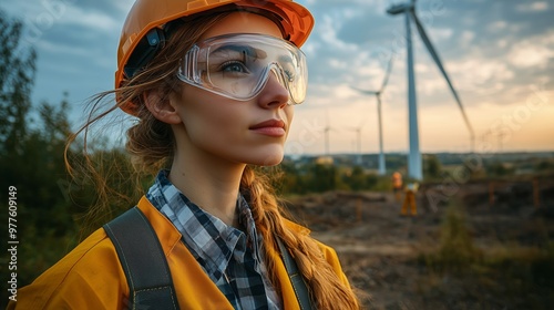 A female engineer in safety gear oversees a wind farm at sunset, symbolizing sustainable energy and the role of engineering in renewable resources. photo