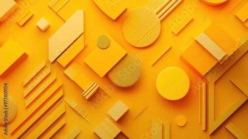A yellow pattern background with geometric shapes and textures, adding complexity and visual appeal to the design.