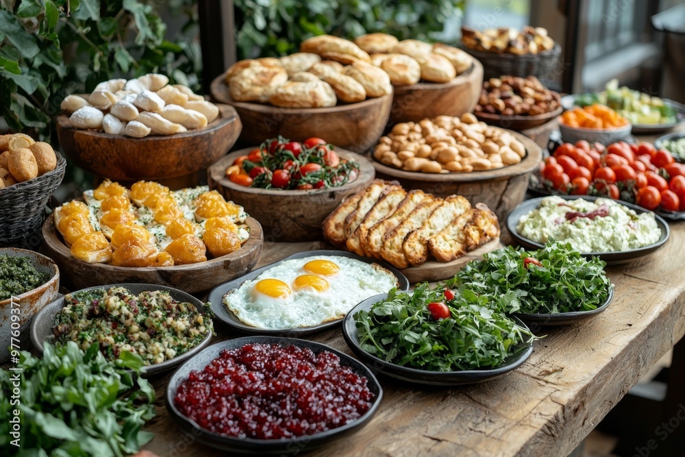 Brunch spread with a variet of dishes pastries. Village Breakfast with pastries, vegetables, greens, spreads, cheeses, fried eggs, jams.
Brunch spread with a variet of dishes pastries. Village Breakfast with pastries, vegetables, greens, spreads, cheeses, fried eggs, jams.