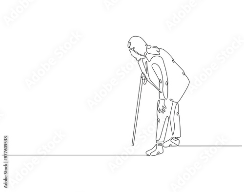 Continuous one line drawing of grandmother walking with a walker. One line drawing illustration of old woman use stick walker. International patient safety day concept line art. Editable outline