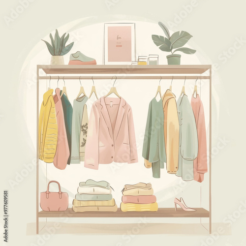 A minimalist and clean design featuring wardrobe with various clothing items, including jackets and sweaters, alongside plants and accessories, creating serene atmosphere