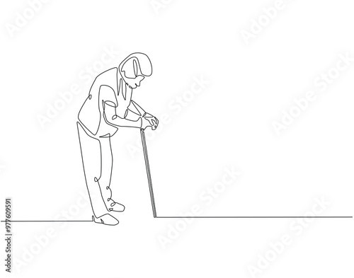 Continuous one line drawing of grandmother walking with a walker. One line drawing illustration of old woman use stick walker. International patient safety day concept line art. Editable outline
