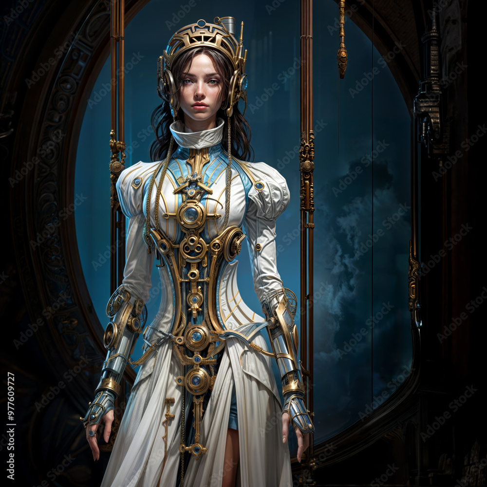 Obraz premium Teenage Girl wearing Victorian white dress with many Steampunk details on it in mainly Brass with few Blue Gem stones on a dark background