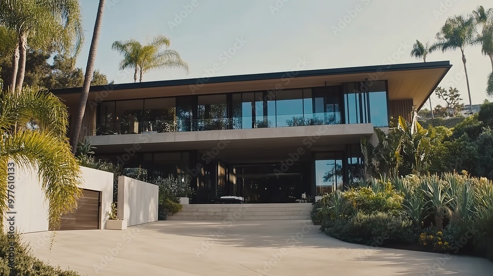 Modern hillside residence surrounded by lush greenery and palm trees in a sunny location Modern hillside residence surrounded by lush greenery and palm trees in a sunny location