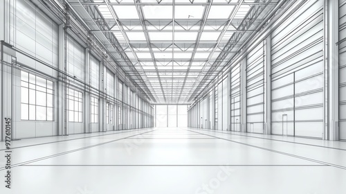 A minimalist sketch of an empty modern warehouse, symbolizing industrial design, storage, and future logistics planning.