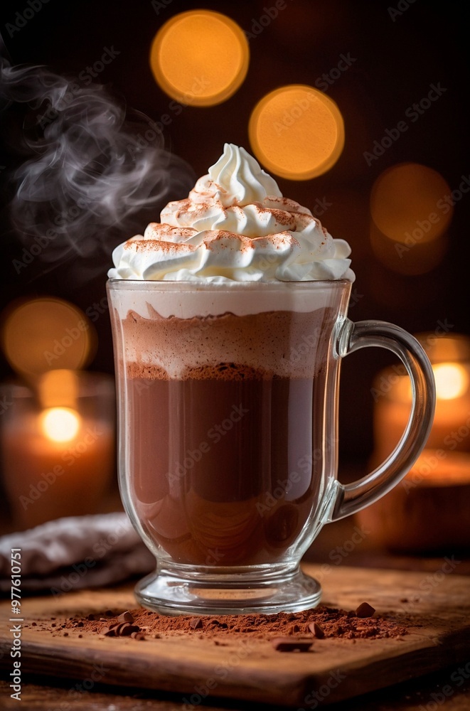Close-up studio photo shot of a glass cup of hot chocolate topped with a swirl of whipped cream and a dusting of cocoa powder. Cozy rustic atmosphere. Beautiful beverages drinks photography. Close-up studio photo shot of a glass cup of hot chocolate topped with a swirl of whipped cream and a dusting of cocoa powder. Cozy rustic atmosphere. Beautiful beverages drinks photography.