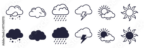 Set of weather icons in black and white, illustrating various weather conditions including clouds, rain, thunder, and sun.