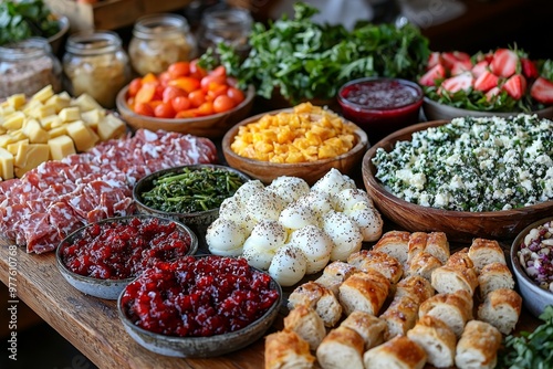 Brunch spread with a variet of dishes pastries. Village Breakfast with pastries, vegetables, greens, spreads, cheeses, fried eggs, jams.
 photo