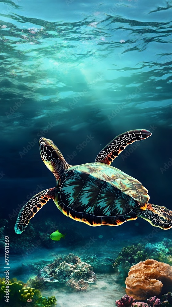 Obraz premium Sea turtle swims through a coral reef.