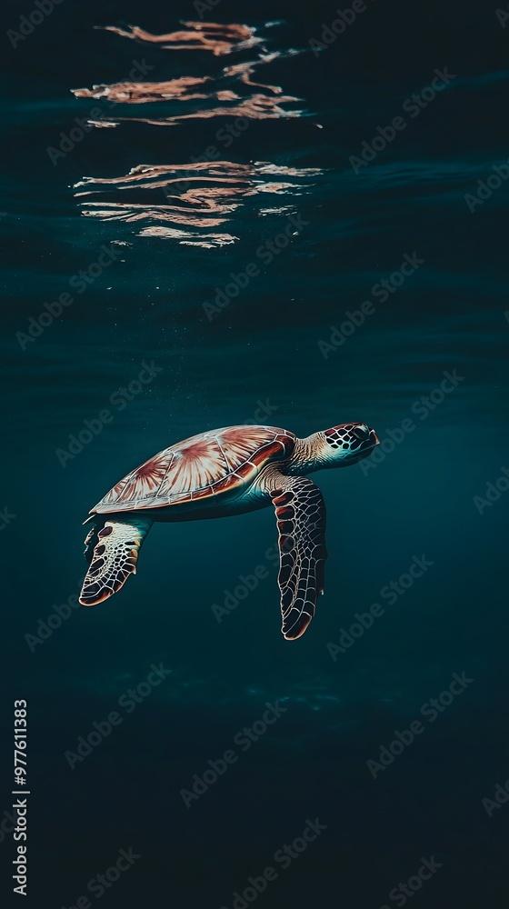 A sea turtle gracefully swims through the clear blue water. A sea turtle gracefully swims through the clear blue water.