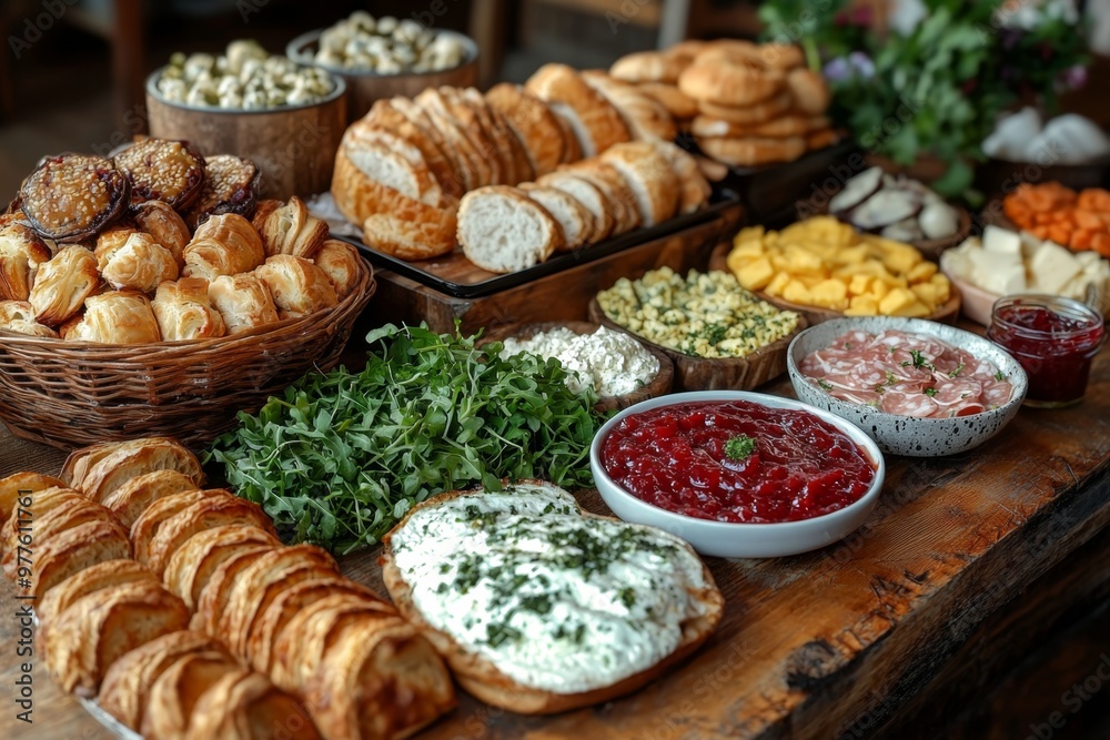 Brunch spread with a variet of dishes pastries. Village Breakfast with pastries, vegetables, greens, spreads, cheeses, fried eggs, jams.
Brunch spread with a variet of dishes pastries. Village Breakfast with pastries, vegetables, greens, spreads, cheeses, fried eggs, jams.