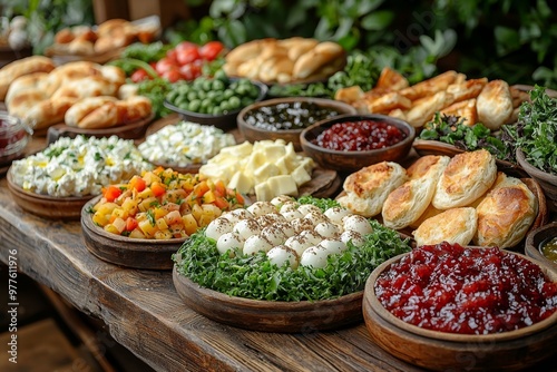 Brunch spread with a variet of dishes pastries. Village Breakfast with pastries, vegetables, greens, spreads, cheeses, fried eggs, jams. photo