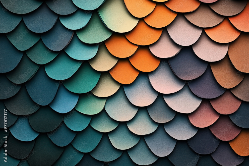 Abstract background with layered scales in a vibrant gradient ranging from teal and blue to orange and purple. Textured overlapping semicircles create a pattern resembling fish scales. Abstract background with layered scales in a vibrant gradient ranging from teal and blue to orange and purple. Textured overlapping semicircles create a pattern resembling fish scales.