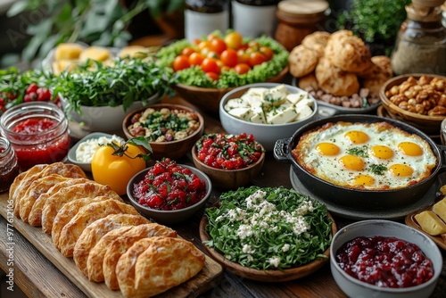 Brunch spread with a variet of dishes pastries. Village Breakfast with pastries, vegetables, greens, spreads, cheeses, fried eggs, jams. photo