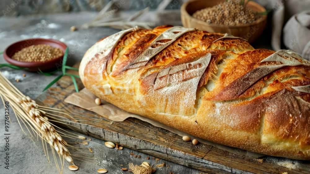 Freshly baked aromatic loaf from the local bakery on a rustic wooden table surrounded by ingredients Freshly baked aromatic loaf from the local bakery on a rustic wooden table surrounded by ingredients
