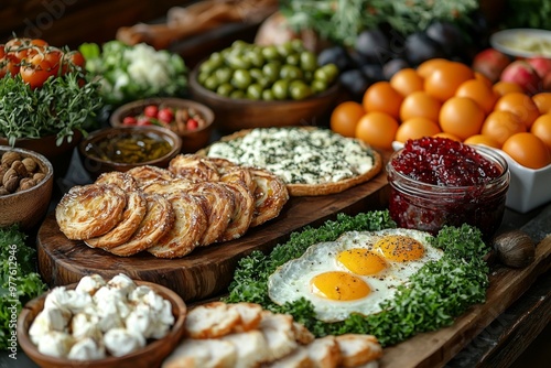 Brunch spread with a variet of dishes pastries. Village Breakfast with pastries, vegetables, greens, spreads, cheeses, fried eggs, jams. photo