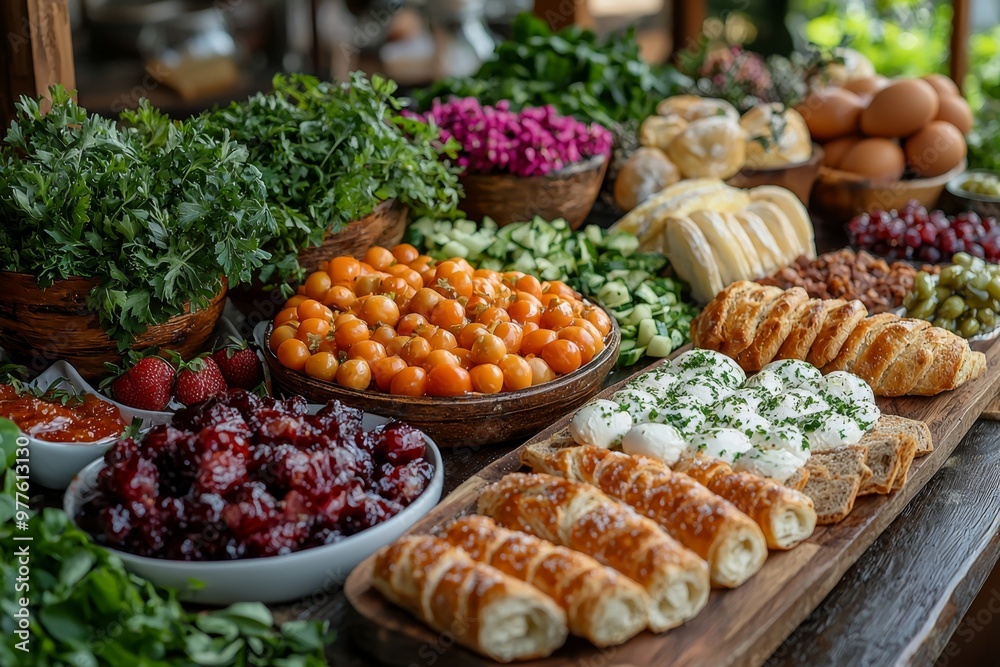 Brunch spread with a variet of dishes pastries. Village Breakfast with pastries, vegetables, greens, spreads, cheeses, fried eggs, jams. Brunch spread with a variet of dishes pastries. Village Breakfast with pastries, vegetables, greens, spreads, cheeses, fried eggs, jams.
