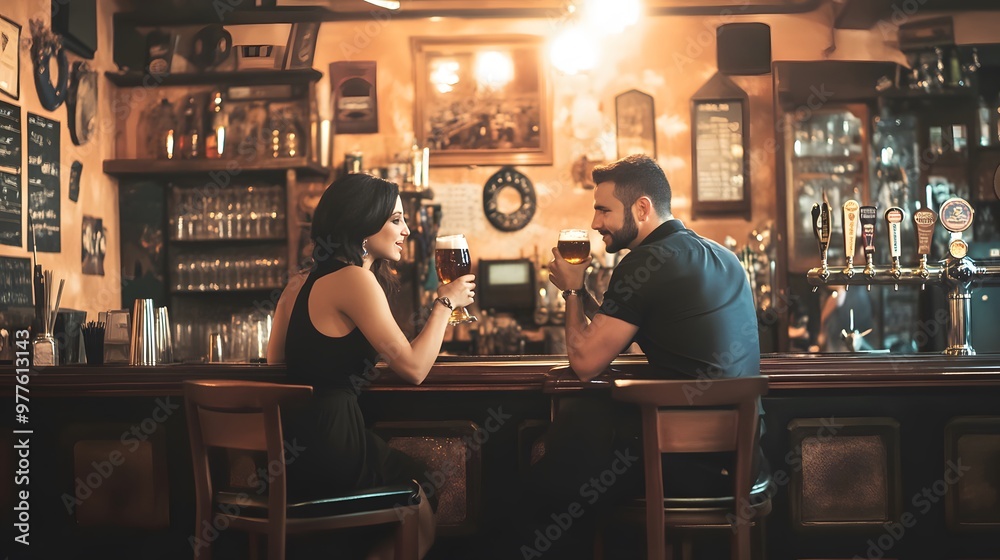 A couple enjoying drinks together in a cozy, vintage-style pub. A couple enjoying drinks together in a cozy, vintage-style pub.