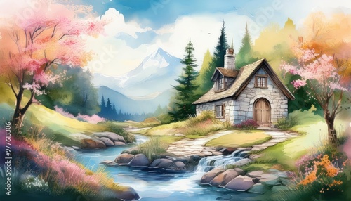 Stone cottage by a stream