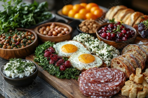 Brunch spread with a variet of dishes pastries. Village Breakfast with pastries, vegetables, greens, spreads, cheeses, fried eggs, jams. photo