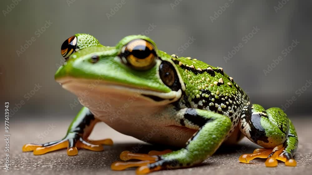 A close up of a green frog highlights its detailed features, showcasing its habitat and serene environment with soft focus A close up of a green frog highlights its detailed features, showcasing its habitat and serene environment with soft focus