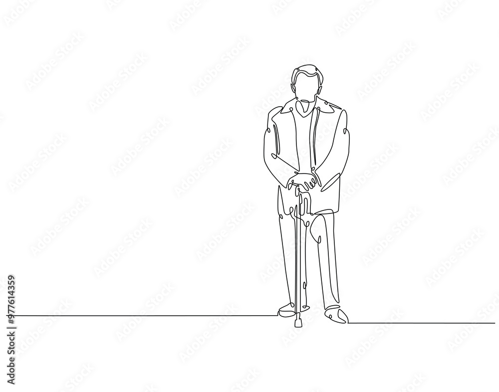 Continuous one line drawing of old man walking with stick walker. One line drawing illustration of grandfather using cane walker. International patient safety day concept line art. Editable outline. Continuous one line drawing of old man walking with stick walker. One line drawing illustration of grandfather using cane walker. International patient safety day concept line art. Editable outline.