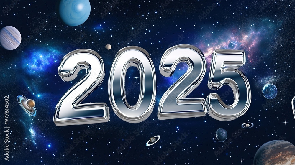 A vibrant cosmic background featuring the year 2025 illuminated among stars and planets in a colorful galaxy A vibrant cosmic background featuring the year 2025 illuminated among stars and planets in a colorful galaxy