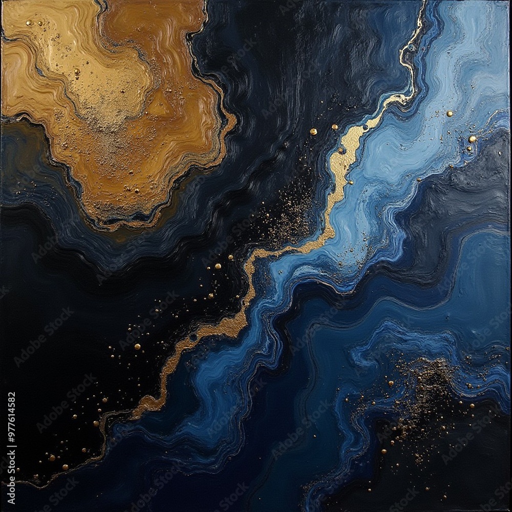 Kunstvoller fließender abstrakter Hintergrund, blaue und goldene Linien und Wellen