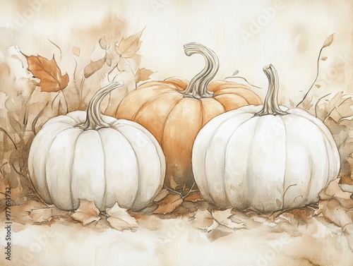 Autumn Pumpkins with Falling Leaves