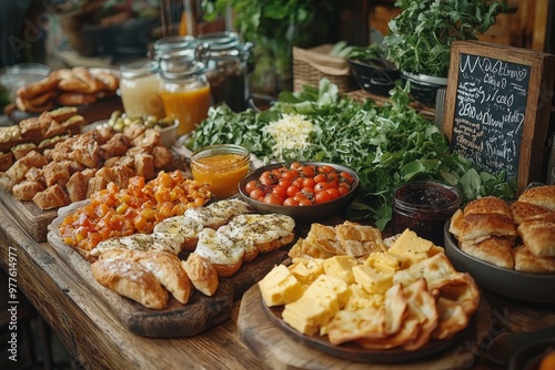 Brunch spread with a variet of dishes pastries. Village Breakfast with pastries, vegetables, greens, spreads, cheeses, fried eggs, jams.