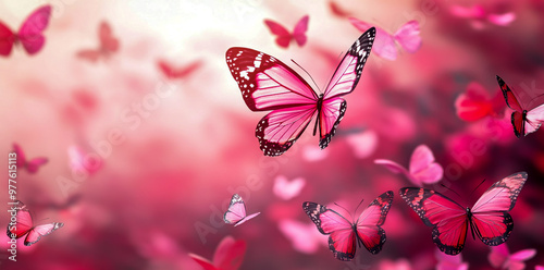 Pink butterfly background with pink butterflies fluttering around.