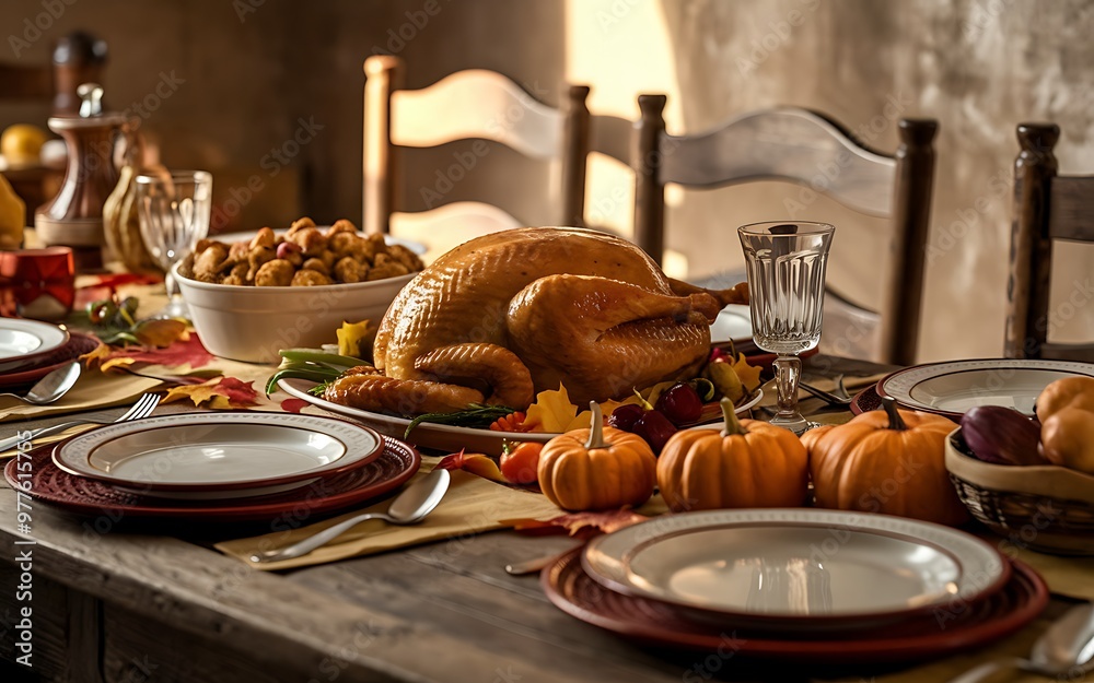 Naklejka premium Generative-AI, Rustic Harvest Feast Spread with Traditional Thanksgiving Dishes and Seasonal Decor