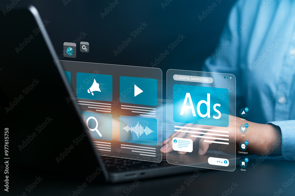 Fototapeta premium Online sales concept of digital marketing, ad, product ads, promotion of products or services through digital tools. Online advertising concept Internet advertising digital marketing Social media