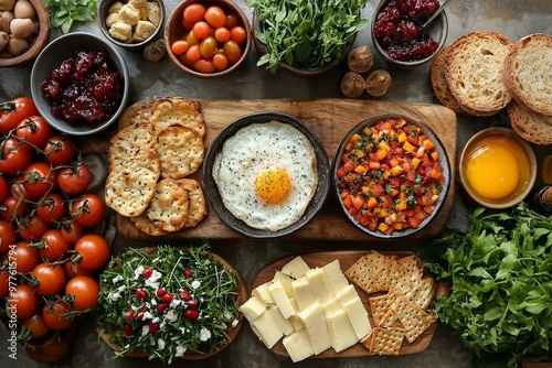 Brunch spread with a variet of dishes pastries. Village Breakfast with pastries, vegetables, greens, spreads, cheeses, fried eggs, jams. photo