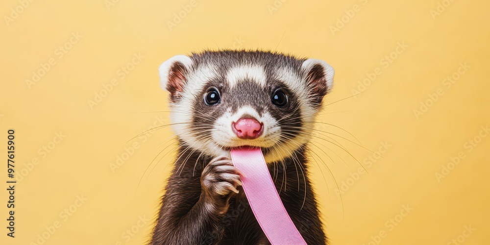 Playful Ferret with Pink Ribbon on Pale Yellow Background Playful Ferret with Pink Ribbon on Pale Yellow Background