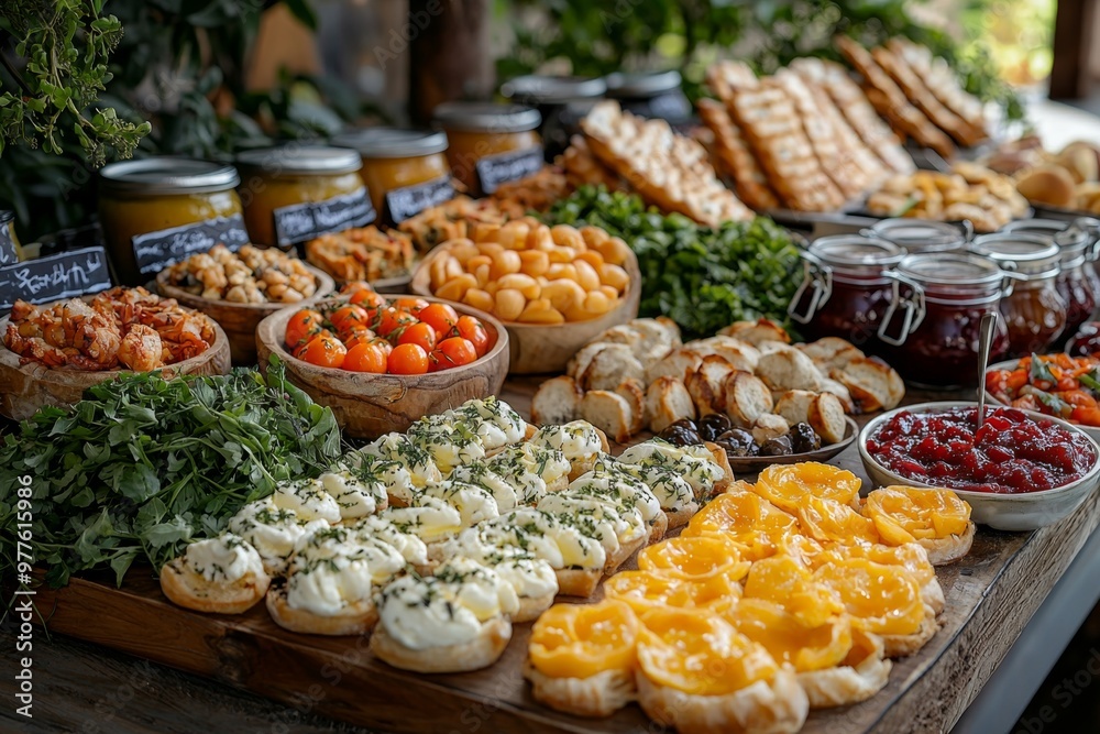 Brunch spread with a variet of dishes pastries. Village Breakfast with pastries, vegetables, greens, spreads, cheeses, fried eggs, jams. Brunch spread with a variet of dishes pastries. Village Breakfast with pastries, vegetables, greens, spreads, cheeses, fried eggs, jams.