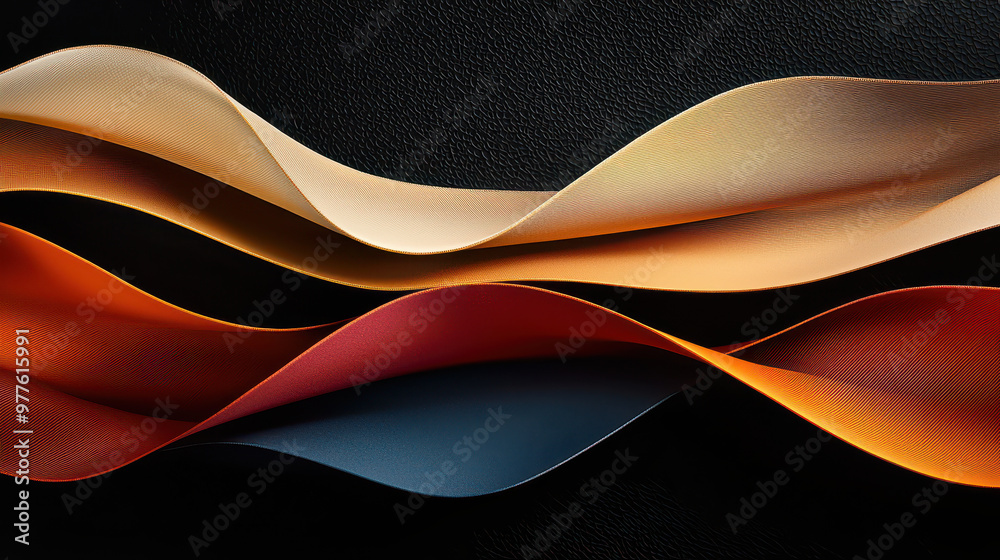 Flowing fabric ribbons in warm tones of orange, red, and beige layered against a textured black background Flowing fabric ribbons in warm tones of orange, red, and beige layered against a textured black background